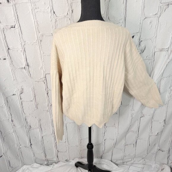 CREAM Heavy Knit scalloped hem‎ Ribbed Cropped Comfy Crew Neck Sweater L - Picture 6 of 10